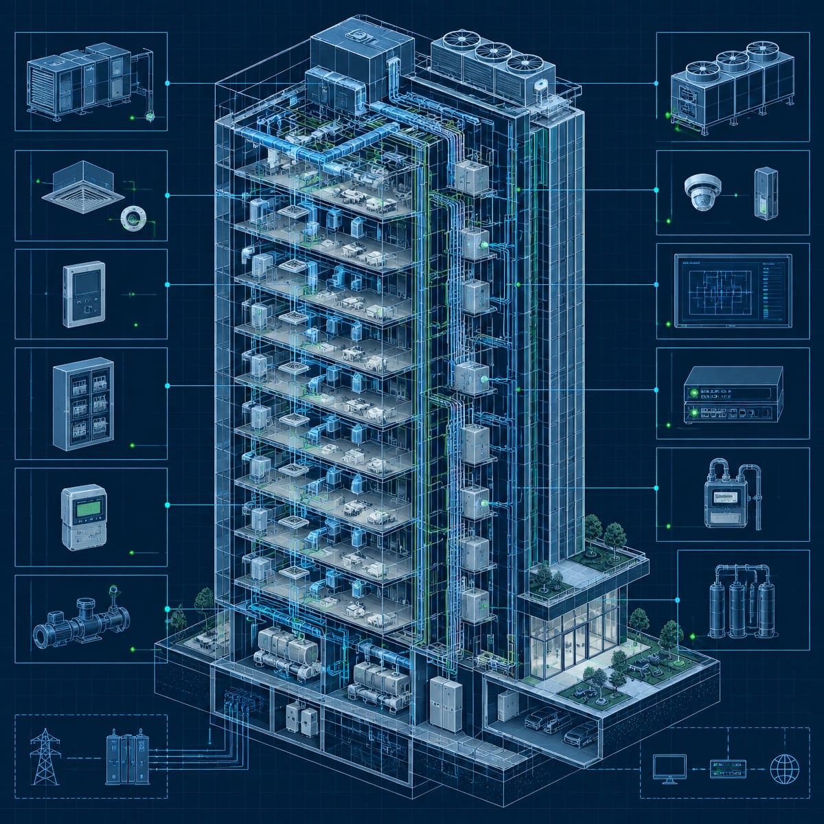 Cutaway blueprint of a high-rise building showing rooftop HVAC plant, service risers, floor controllers and field devices